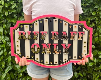 Letrero de pared "Riff Raff Only" / Acrílico 3D en capas con espejo dorado / Decoración vintage de feria / Negro y rosa fuerte