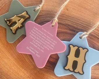 Adorno navideño personalizado para profesores ~ Estrella con inicial dorada ~ Poema grabado