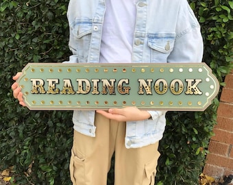 Letrero decorativo para rincón de lectura / Letrero de pared de biblioteca con marquesina vintage / Decoración de rincón de lectura para niños / Decoración de estantería caprichosa / Espacio de lectura para sala de juegos