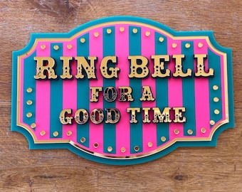 Estilo circo vintage ~ Toca la campana para pasar un buen rato ~ Letrero acrílico ~ Decoración de bar retro, arte de pared para fiestas, detalles dorados en espejo, regalo divertido para bar en casa