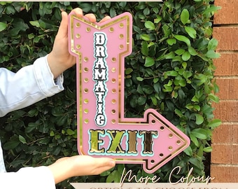 Dramatic Exit Marquee Arrow Sign, Pink Layered Acrylic Wall Decor, Mirror Gold