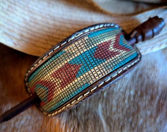 Tooled leather hair stick barrette ponytail bun clip