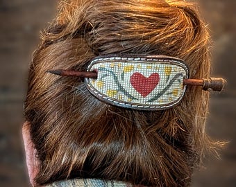 Tooled leather hair stick barrette ponytail bun clip