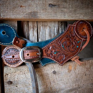 Tooled leather buckaroo spur straps