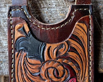 Tooled leather boot card wallet with one pocket