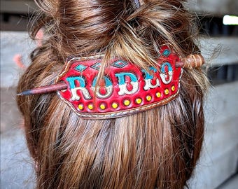 Tooled leather hair stick barrette ponytail bun clip