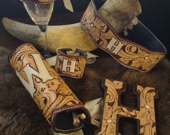 Tooled leather wedding set. Bouquet wrap, garter, cake topper, 2 champagne glass wraps
