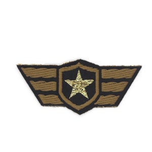 May include: A brown and black embroidered patch with a gold star in the center. The patch features a shield with wings on either side.