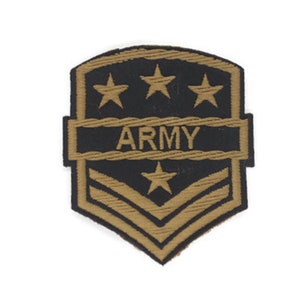 May include: A brown and black embroidered patch with three gold stars and the word "ARMY" in the center. The patch has a chevron design at the bottom.