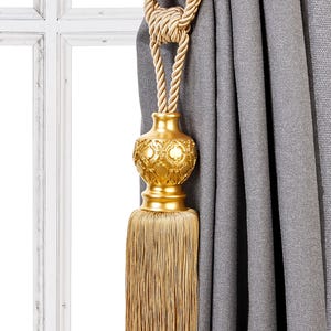 Abundance Drapery Tassel Tiebacks, Golden curtain Holdbacks, Rope Tiebacks, Curtain hardware, Tassel Length 13&quot; , Spread 37&quot; (94cm)