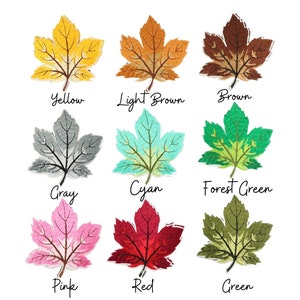 Könnte beinhalten: Neun farbenfrohe Ahornblatt-Illustrationen in Gelb, Hellbraun, Braun, Grau, Cyan, Waldgrün, Rosa, Rot und Grün. Jedes Blatt hat einen Stiel und ist mit seinem Farbnamen in Handschrift beschriftet.