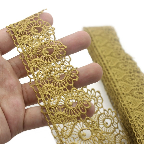 40 mm 8 Meters Golden Guipure Lace Trim | 1.57 Inches Wide | Floral Lace Trim | Bridal Lace | Gold Lace | Guipure Lace TRM40