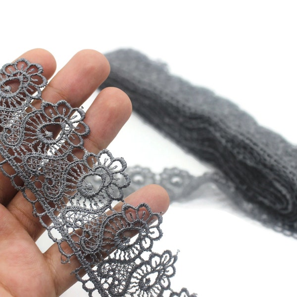 40 mm 8 Meters Gray Guipure Lace Trim | 1.57 Inches Wide | Floral Lace Trim | Bridal Lace | Gray Lace | Guipure Lace TRM40