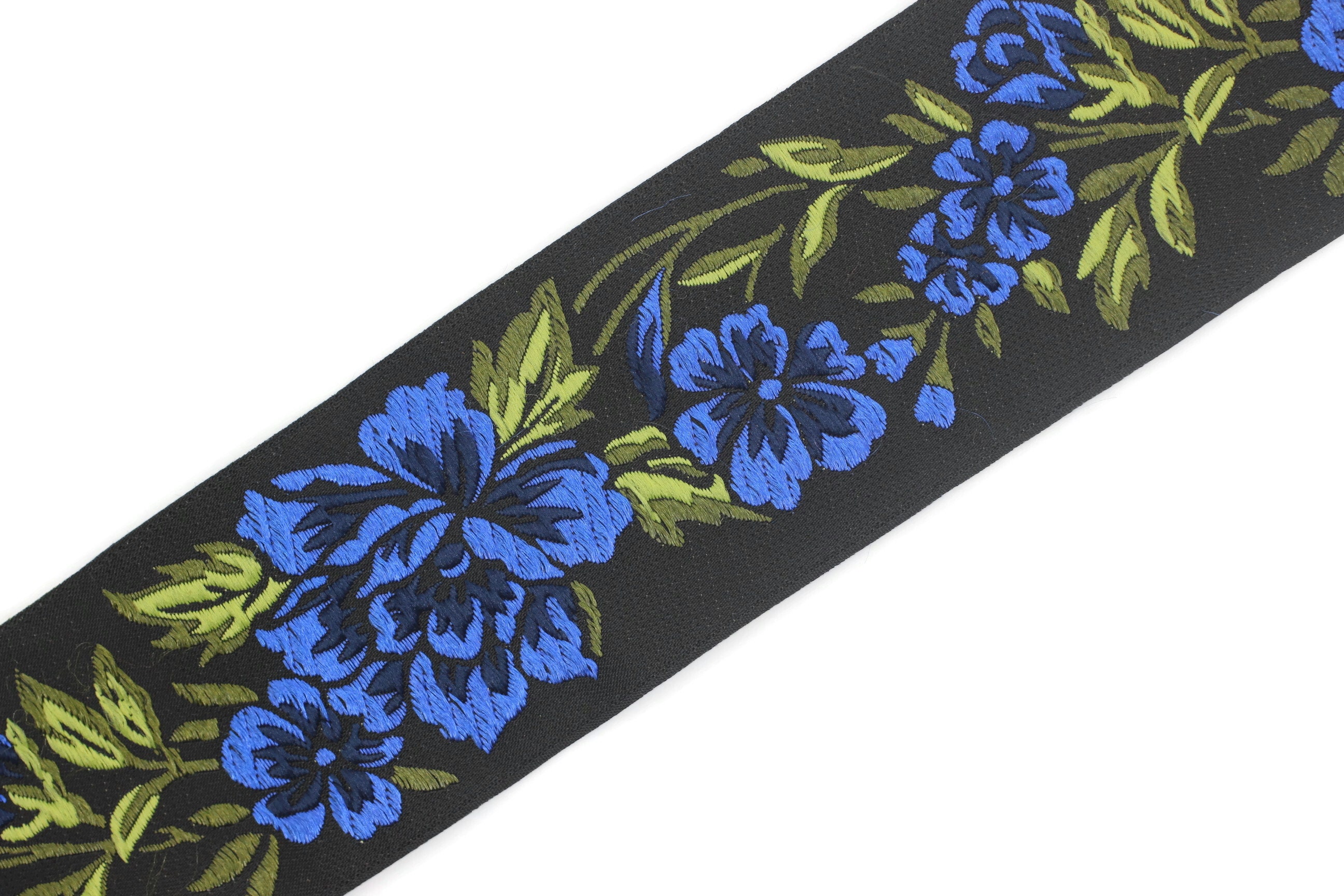 50 Mm Blue/ Black Floral Jacquard Trim 1.96 Inches Vintage - Etsy