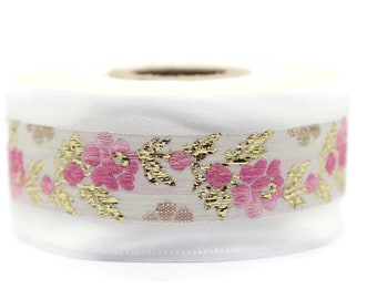 35 mm White Front Pink-Gold Floral Jacquard ribbon (1.37 inches), Jacquard trim, Balkans Decorative Ribbon, Sewing Trim, Collar Trim, 35011