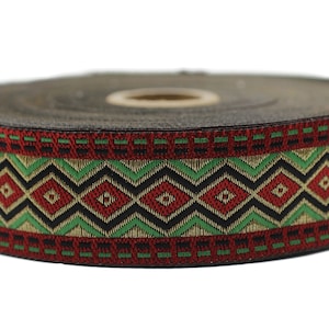 32 mm Rot&Grünes Mosaik Motiv Jacquard Band, Vintage Jacquard, Borte, Großes Webband, Jacquardband HSR02