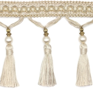 115 mm Beige Tassel Fringe Trim, 4.52 inc Gimp Header, lampshade trim by the yard, Fringe for Drapery, Tassel trim, Curtain Trim Rosa03 V1