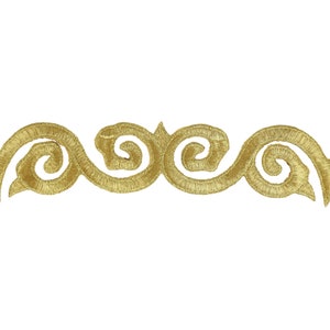 May include: Gold embroidered trim with a repeating pattern of swirls and loops.