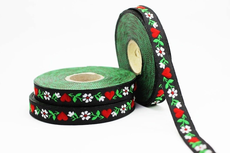 12 mm Black&White Heart Jacquard ribbons (0.47 inches), decorative trim, Floral Ribbon, Sewing trim - woven trim - embroidered ribbon
