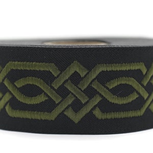 35 mm Olive Green-Black Celtic Claddagh 1.37 (inch) | Celtic Ribbon | Embroidered Woven Ribbon | Jacquard Ribbon | 35mm Wide | 35272