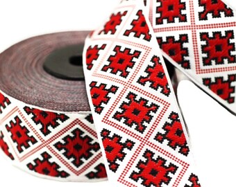 25 mm Red White Snow Flake Ribbon (0.98 inches), Snow Flake trim, jacquard ribbon, dog collar supplies, craft supplies, vintage trim, 25985