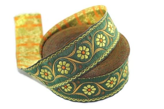 Floral ribbon Floral trim 35 mm Green Floral Embroidered ribbon 35938 Vintage Jacquard woven jacquard jacquard ribbons 1.37 inches