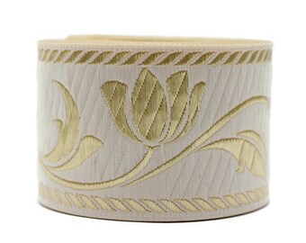 50 mm Beige Jacquard ribbons, Tulips ribbons 1.96 inches, Jacquard trim, Sewing trims, Flower ribbons, embroidered ribbons, 50090