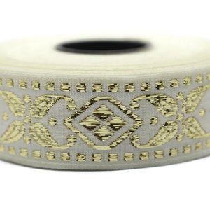 25 mm White&Gold Geometric Jacquard ribbons (0.98 inches), Jacquard trim, Sewing, cheap ribbons, collars supply, embroidered ribbon 25007
