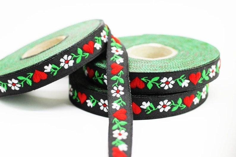 12 mm Black&White Heart Jacquard ribbons (0.47 inches), decorative trim, Floral Ribbon, Sewing trim - woven trim - embroidered ribbon