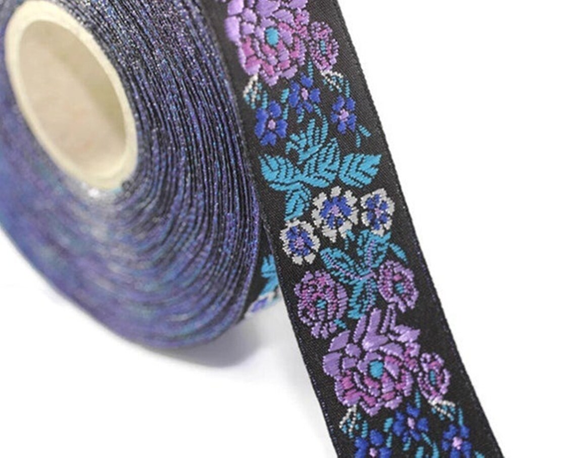 22mm Blue/black Floral Embroidered Ribbon 0.86 Inches | Etsy