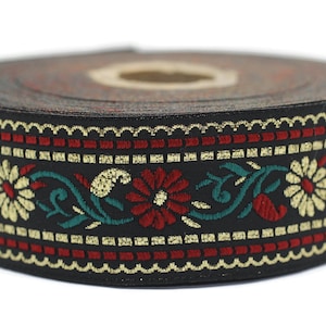 35 mm Black & Red Flowers Jacquard ribbon 1.37 inch, Jacquard trim, Sewing Trim, Collar Trim, Ribbon by the yards, Vintage ribbon, 35095