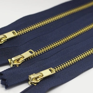 5 Pcs Dark Blue Metal zippers with Gold brass teeth, 18-100cm (7-40inches) zipper, Jean Zipper, dress zipper, lightweight zipper, MTZF
