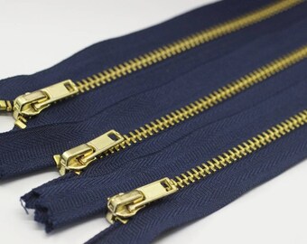 5 Pcs Dark Blue Metal zippers with Gold brass teeth, 18-100cm (7-40inches) zipper, Jean Zipper, dress zipper, lightweight zipper, MTZF