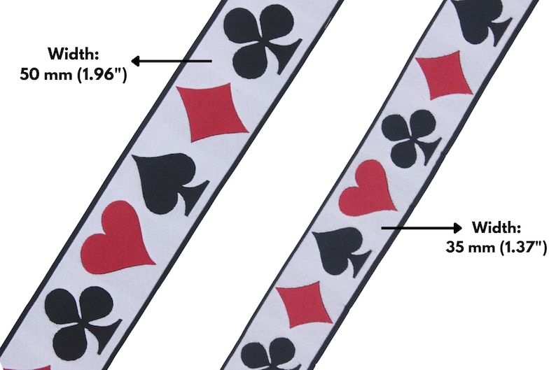 May include: Two white ribbons with black playing card suit symbols printed on them. The ribbon on the left is 1.96 inches wide and the ribbon on the right is 1.37 inches wide.
