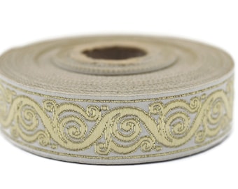 22 mm Yellow&White Celtic Snail Jacquard Ribbon Trim (0.86 inches),Woven Border, Upholstery Fabric, Drapery Ribbon Trim Costume Design 22221