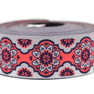 25 mm Neon Pink Floral ribbon, Jacquard ribbon, 0.98inch, Decorative ribbon, Craft Ribbon, Jacquard trim, costume ribbon, sewing trim, 25707