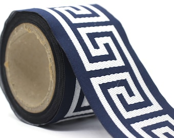 68 mm Dark Blue Greek Key Ribbon Trim (2.67 inch), Jacquard Trims for your Drapes, Curtains, Drapery Banding, Drapery Trim Tape V10 176