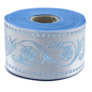 50 mm Blue Wildflower ribbon, Jacquard Trims (1.96 inches), Vintage Ribbons, Decorative Ribbons, Sewing Trim, Trimming, CNK08