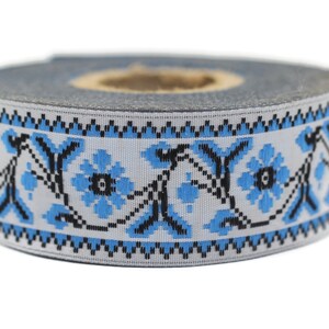 25 mm Blue White  Flower Ribbon  (0.98 inches), Flower trim,  jacquard trim, fabric wide trims, craft supplies, vintage trim, 25988