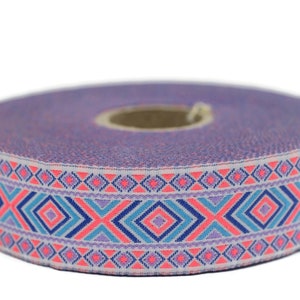 0.98 inches Neon Pink and Blue Hippie Motif Ribbon Jacquard Ribbon Woven Trim Home Decor and Costume Trims 25995