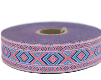 25 mm Neon Orange and Blue Hippie Motif Ribbon (0.98 inches), Woven Trim, Ethnic Ornament Ribbon, Boho Style Trim 25995