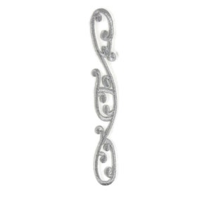 May include: A silver-colored, decorative metal piece with an ornate, swirling design. The piece features a vertical arrangement of curved shapes and floral-like details, suitable for home decor or craft projects.