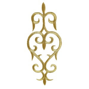 May include: Gold embroidered decorative trim featuring a floral design. The trim is ideal for adding a touch of elegance to clothing, home decor, or crafts.