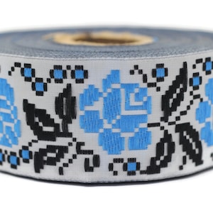 35 mm Blue/White Rose Ribbon (1.37 inch, Geometric trim, jacquard trim, fabric trims, craft supplies, vintage trim, Jacquard ribbons, 35987