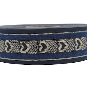 26 mm breites schwarz blaues Herz Jacquard Zierband, Webkante, Polsterstoff, Gurtband Kostüm Design 26332