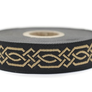 20 mm Golden Black Celtic Claddagh 0.78 (inch) | Celtic Ribbon | Embroidered Woven Ribbon | Jacquard Ribbon | 20 mm Wide | 20272