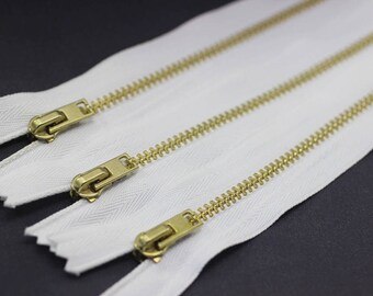 5 Pcs White Metal zippers with gold brass teeth, 18-100cm (7-40inchs) zipper, Jean Zipper, dress zipper, lightweight zipper, teeth zip, MTZF