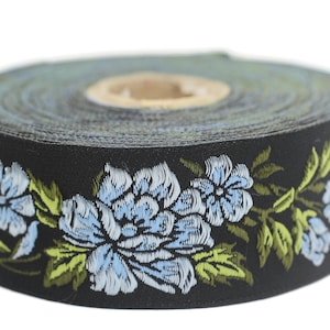 35 mm Sky Blue / Black Floral Jacquard trim (1.37 inches, vintage Ribbon, Decorative Craft Ribbon, Floral Jacquard Ribbon Trim, 35096