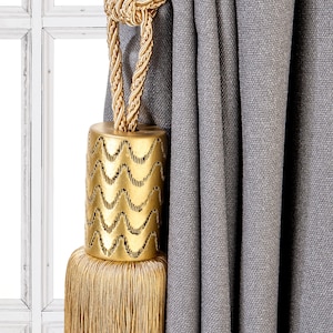 Long Drapery Tassel Tiebacks, Golden curtain Holdbacks, Rope Tiebacks, Curtain hardware, Tassel Length 18.5&quot; , Spread 37&quot; (94cm)