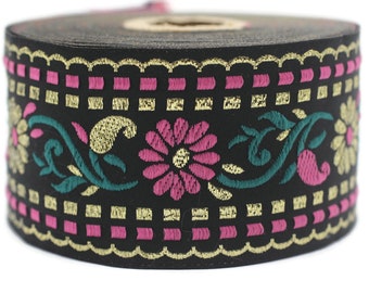 50 mm Pink/ Black Floral Jacquard trim (1.96 inches, vintage Ribbon, Craft Ribbon, Floral Jacquard Ribbon Trim, Ribbon by the yards, 50095